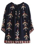 Romwe Navy Tie Neck Split Side Embroidery Blouse