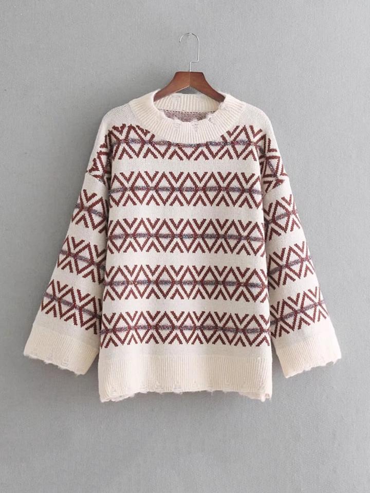 Romwe Geometric Pattern Ripped Detail Sweater