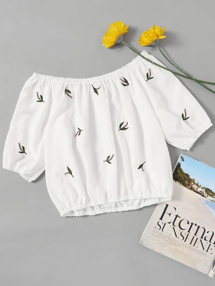 Romwe Off Shoulder Floral Embroidered Crop Top