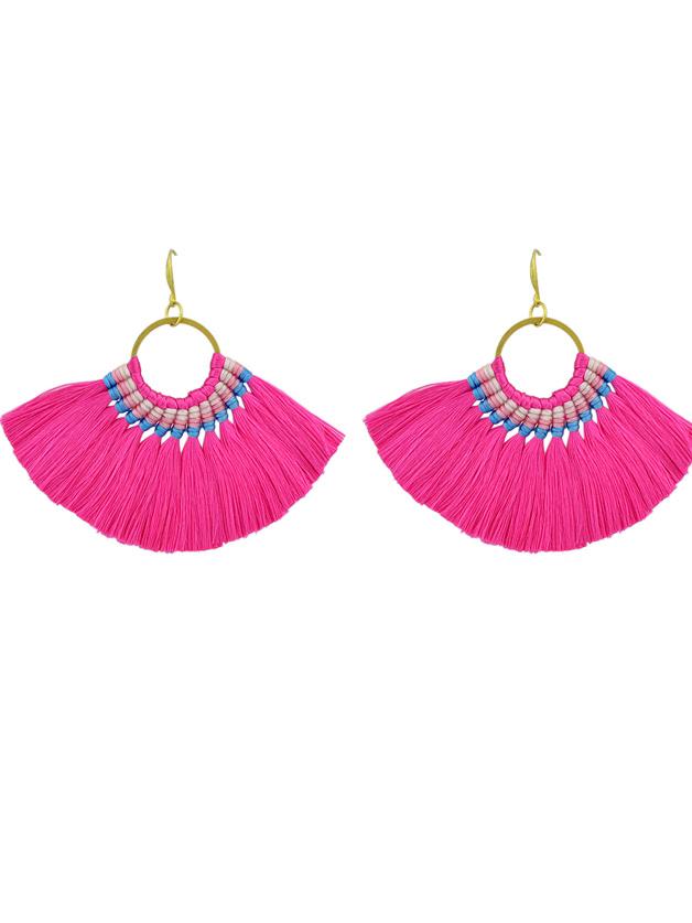 Romwe Hotpink Boho Fan Shaped Earrings Ethnic Style Tassel Big Earrings