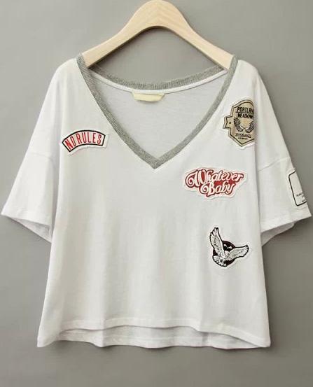 Romwe White V Neck Badge Patch T-shirt