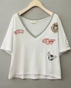 Romwe White V Neck Badge Patch T-shirt