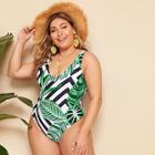Romwe Plus Striped & Leaf Print One Piece Bikini