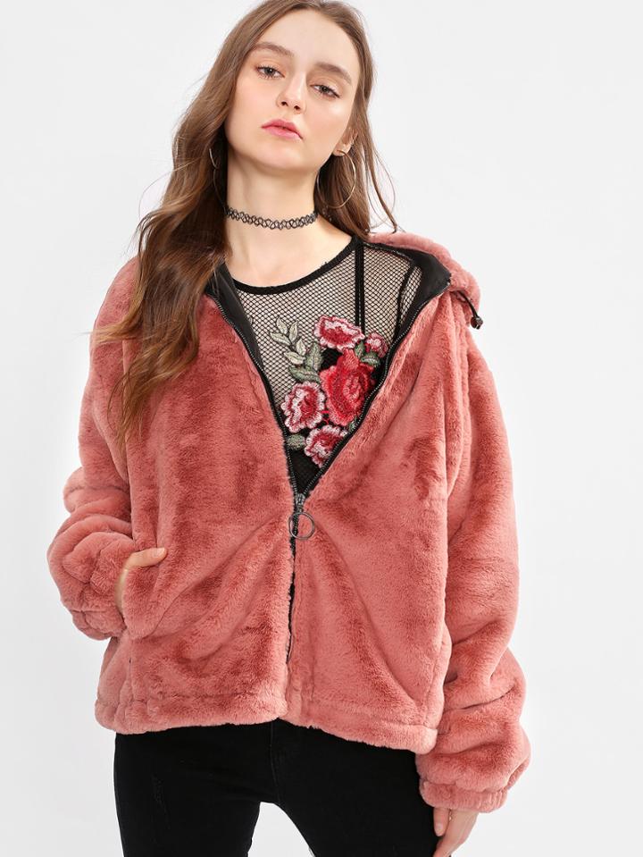 Romwe Zip Up Hooded Faux Fur Coat