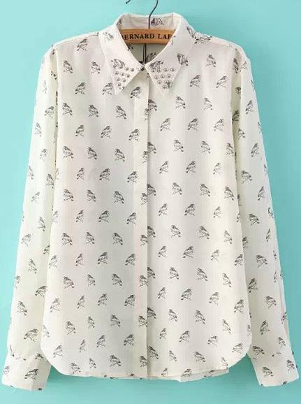 Romwe Beige Long Sleeve Birds Print Bead Blouse