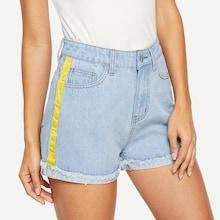 Romwe Tape Side Frayed Trim Denim Shorts