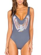 Romwe Grey Eagle Print Backless One Piece Swimwear