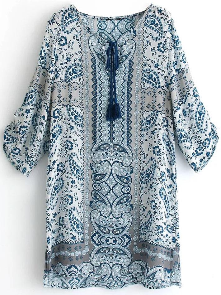 Romwe Random Tribal Print  Tassel Tie Neck Side Slit Dress