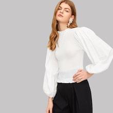 Romwe Frill Trim Bishop Sleeve Shirred Blouse