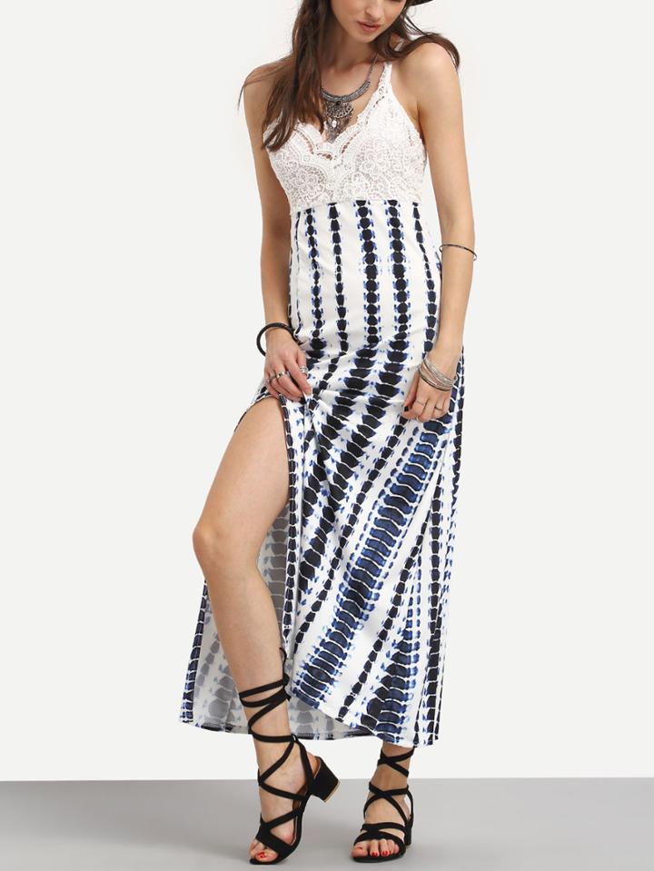 Romwe Lace Top Tie Dye Print Long Dress