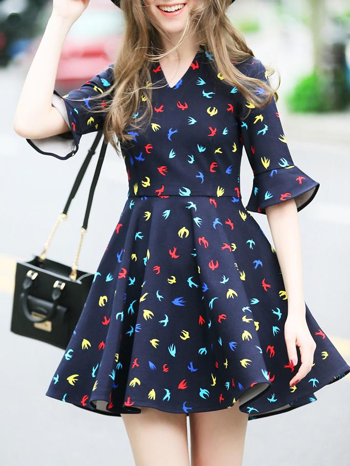 Romwe Navy V Neck Birds Print A-line Dress