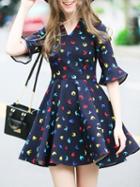 Romwe Navy V Neck Birds Print A-line Dress