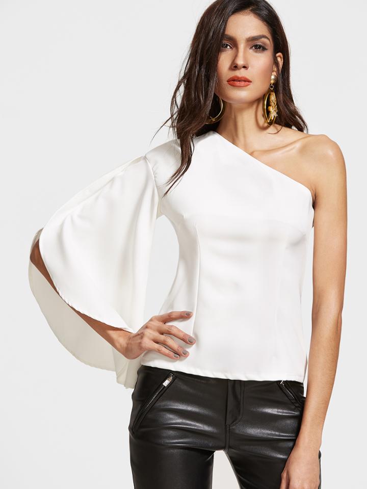 Romwe Beige One Shoulder Flared Sleeve Top