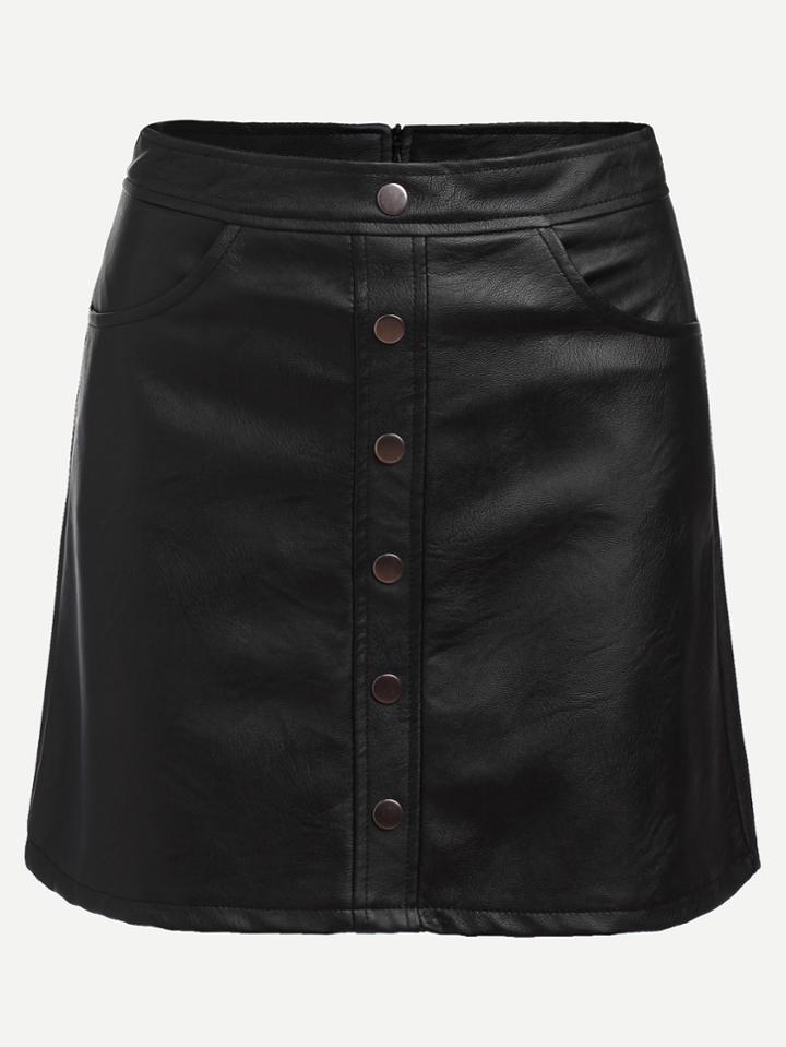 Romwe Black Faux Leather Single Breasted Zip Skirt