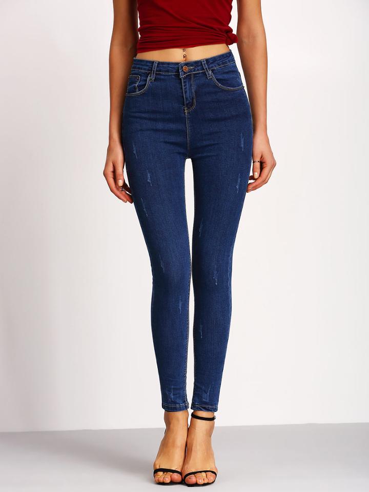 Romwe Blue Scratch Denim Slim Pant