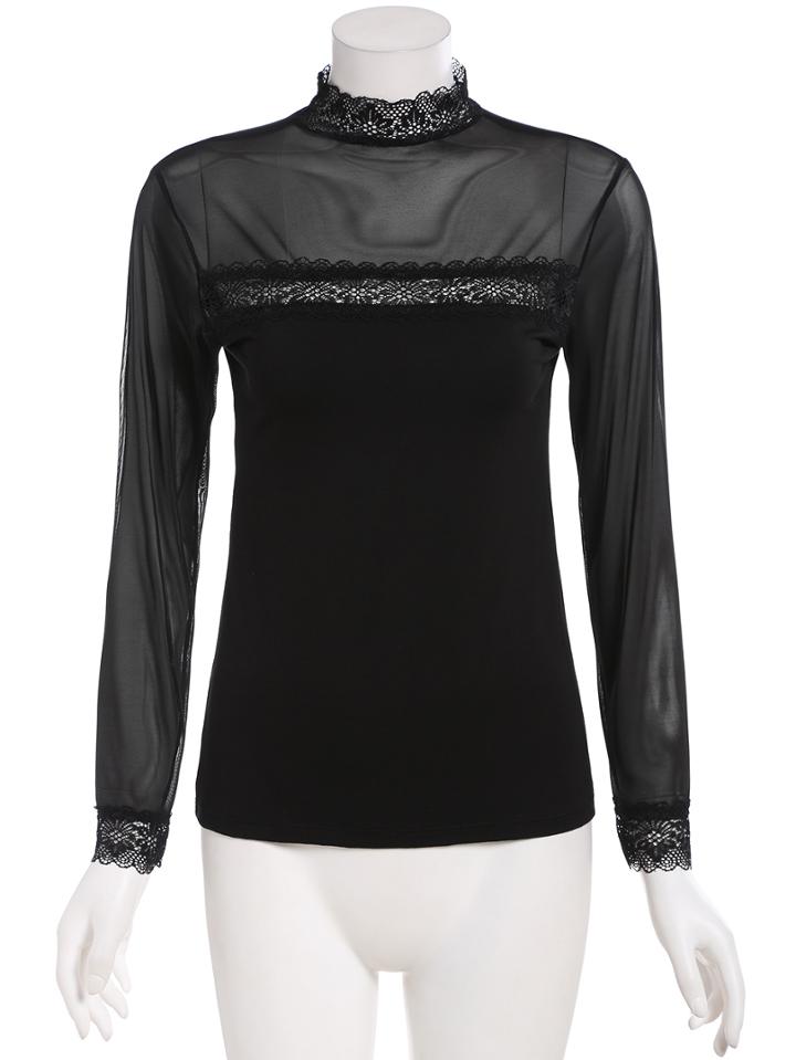 Romwe High Neck Lace Crochet Hollow Blouse