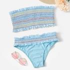 Romwe Smocked Bandeau With Frill Hem Bikini Set