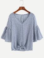 Romwe Blue V Neck Plaid Bell Sleeve Knotted Blouse