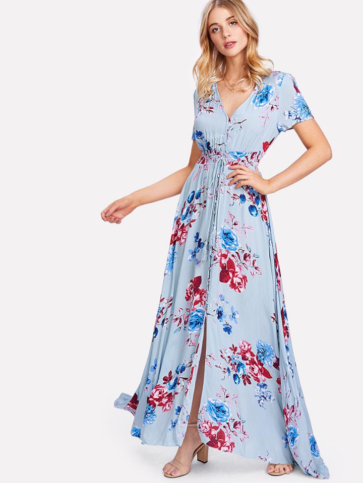 Romwe Button Up Front Tassel Tied Floral Dress
