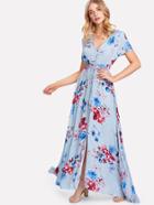 Romwe Button Up Front Tassel Tied Floral Dress