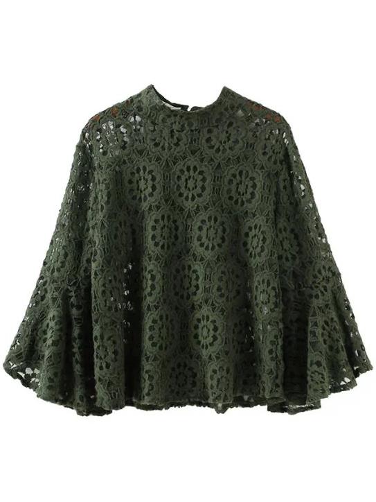 Romwe Bell Sleeve Lace Dark Green Top