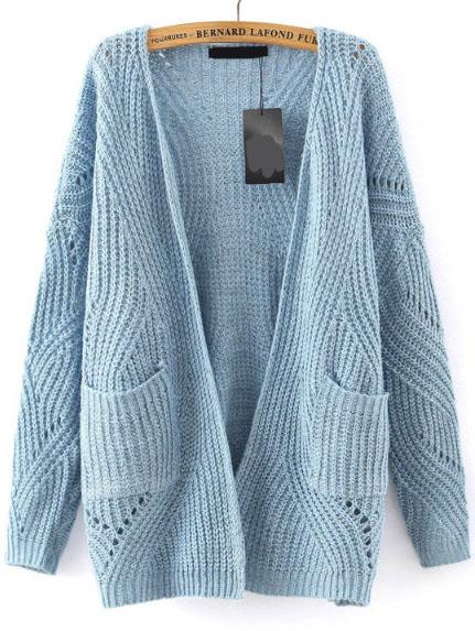 Romwe Long Sleeve Hollow Pockets Blue Coat