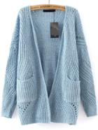 Romwe Long Sleeve Hollow Pockets Blue Coat