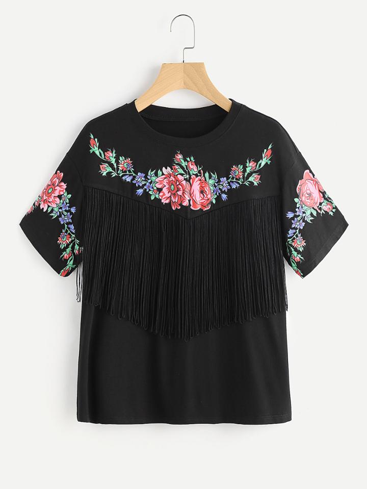 Romwe Flower Print Fringe Trim Tee