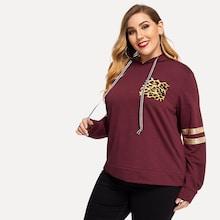 Romwe Plus Contrast Tape Leopard Pocket Patched Hoodie