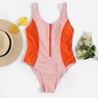 Romwe Two Tone Zipper-up Low Back One Piece Swim