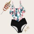 Romwe Leaf Print Hanky Hem Top With High Waist Bikini