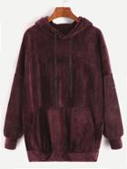 Romwe Burgundy Drop Shoulder Drawstring Hooded Pocket Velvet Sweatshirt
