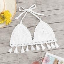 Romwe Tassel Hem Halter Crochet Bikini Top
