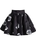 Romwe Rose Print Flare Mini Black Skirt