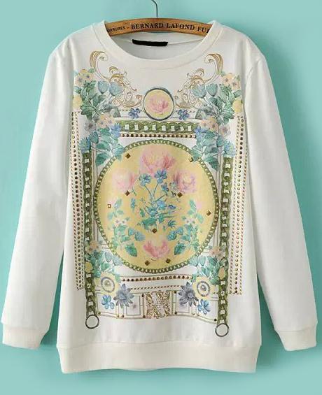 Romwe Vintage Floral Print Loose White Sweatshirt