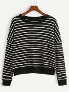 Romwe Black Striped Dropped Shoulder Seam Sweatshirt