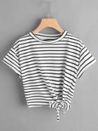 Romwe Striped Side Knotted Tee