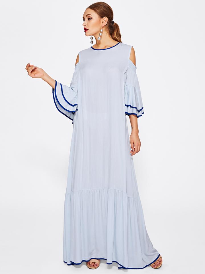Romwe Contrast Binding Open Shoulder Layered Trumpet Sleeve Dress