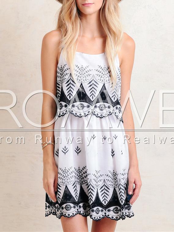 Romwe White Spaghetti Strap Tribal Embroidered Dress