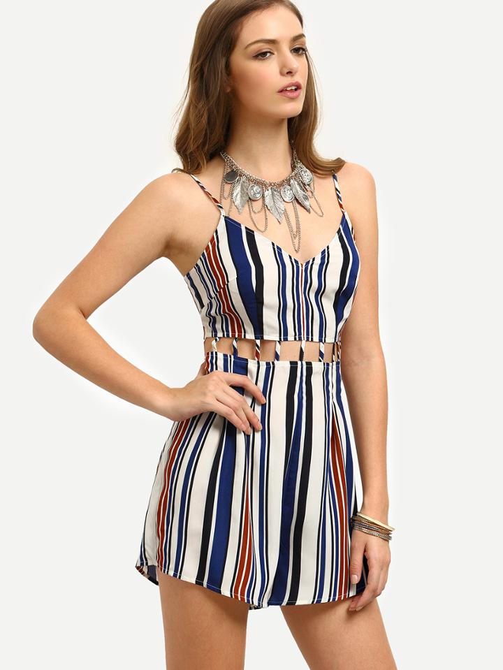 Romwe Multicolor Striped Spaghetti Strap Hollow Jumpsuit