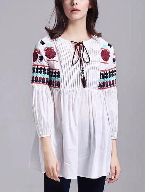 Romwe Tassel Tie-neck Embroidery Blouse