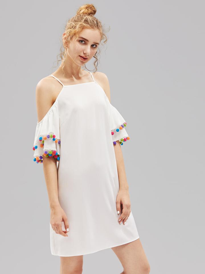 Romwe Pom Pom Trim Layered Bell Sleeve Dress