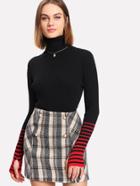 Romwe Striped Sleeve Jumper With Thumb Holes