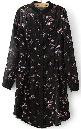 Romwe With Buttons Bird Print Chiffon Blouse