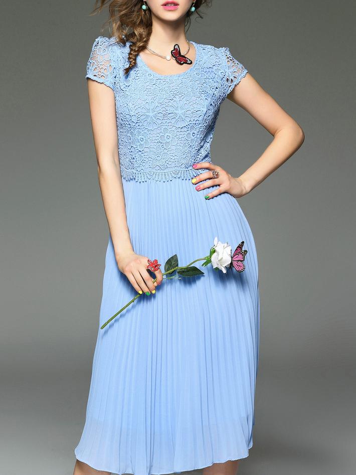 Romwe Blue Crochet Hollow Out Pleated Dress