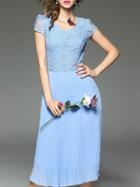 Romwe Blue Crochet Hollow Out Pleated Dress