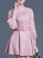 Romwe Pink Round Neck Long Sleeve Drawstring Embroidered Dress