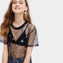 Romwe Contrast Sequin Mesh Sheer Tee
