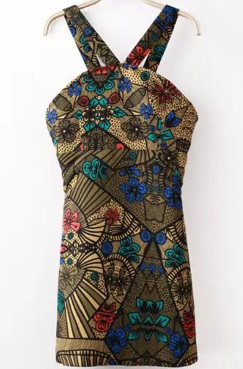 Romwe Khaki Strap Floral Slim Bodycon Dress