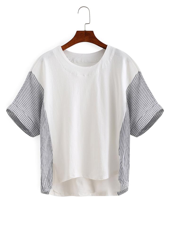 Romwe Contrast Vertical Striped High-low T-shirt
